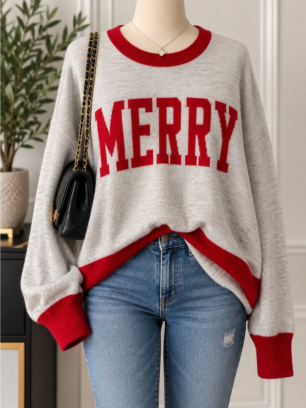 CeCe Gray Crewneck Sweater with Red 'MERRY' Lettering